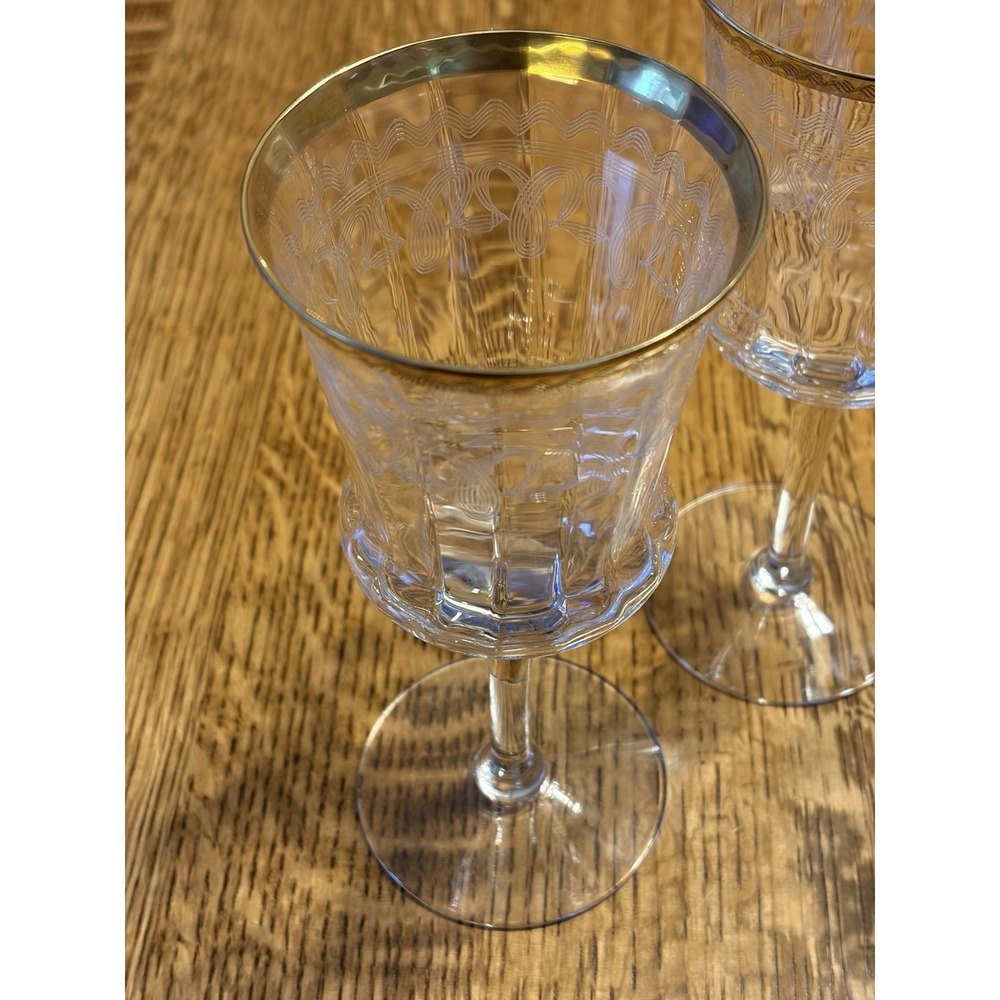 3 Vintage Tiffin-Franciscan 14196-6 Wine Water Goblet Stem Glass Etched Gold Rim - Picture 6 of 8